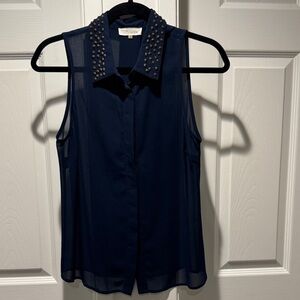 Navy Sleeveless Top with Studded Collar